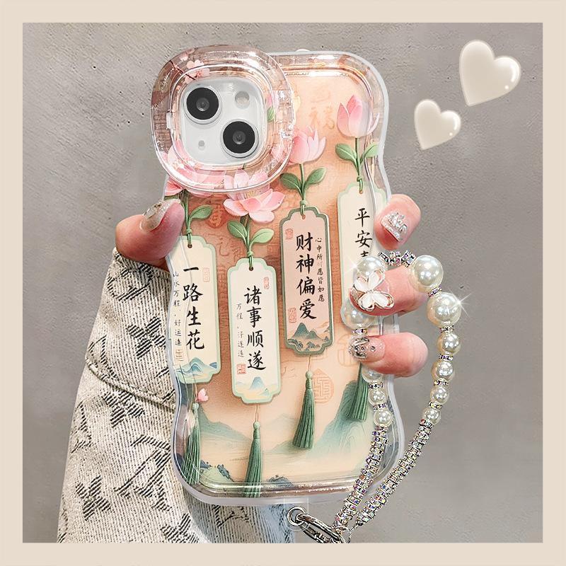 One flower chain is suitable for Apple 16 Guofeng mobile phone case iphone13promax double bracket 15 silicone 14.