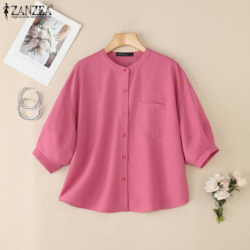 ZANZEA Women Casual Round Neck Loose 3/4 Sleeve Plain Blouse