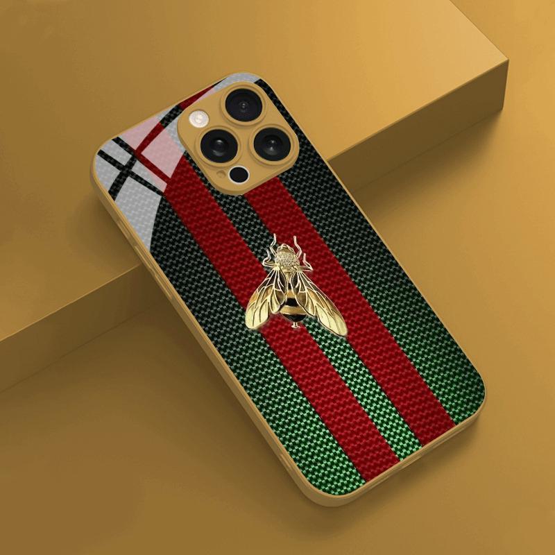 Red Green Striped Golden Bee Gold Metallic Paint Glass Phone Case For iPhone 17 Pro Max 11 12 13 14 15 16 Plus 17Air 16E Cover