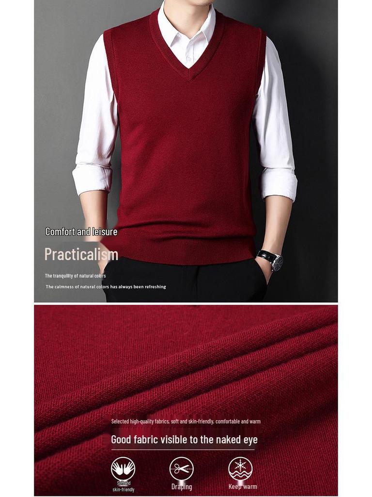 Men's V-Neck Knitted Vest: Thick Sleeveless Sweater for Autumn/Winter - Solid Color, Middle-Aged Business Style