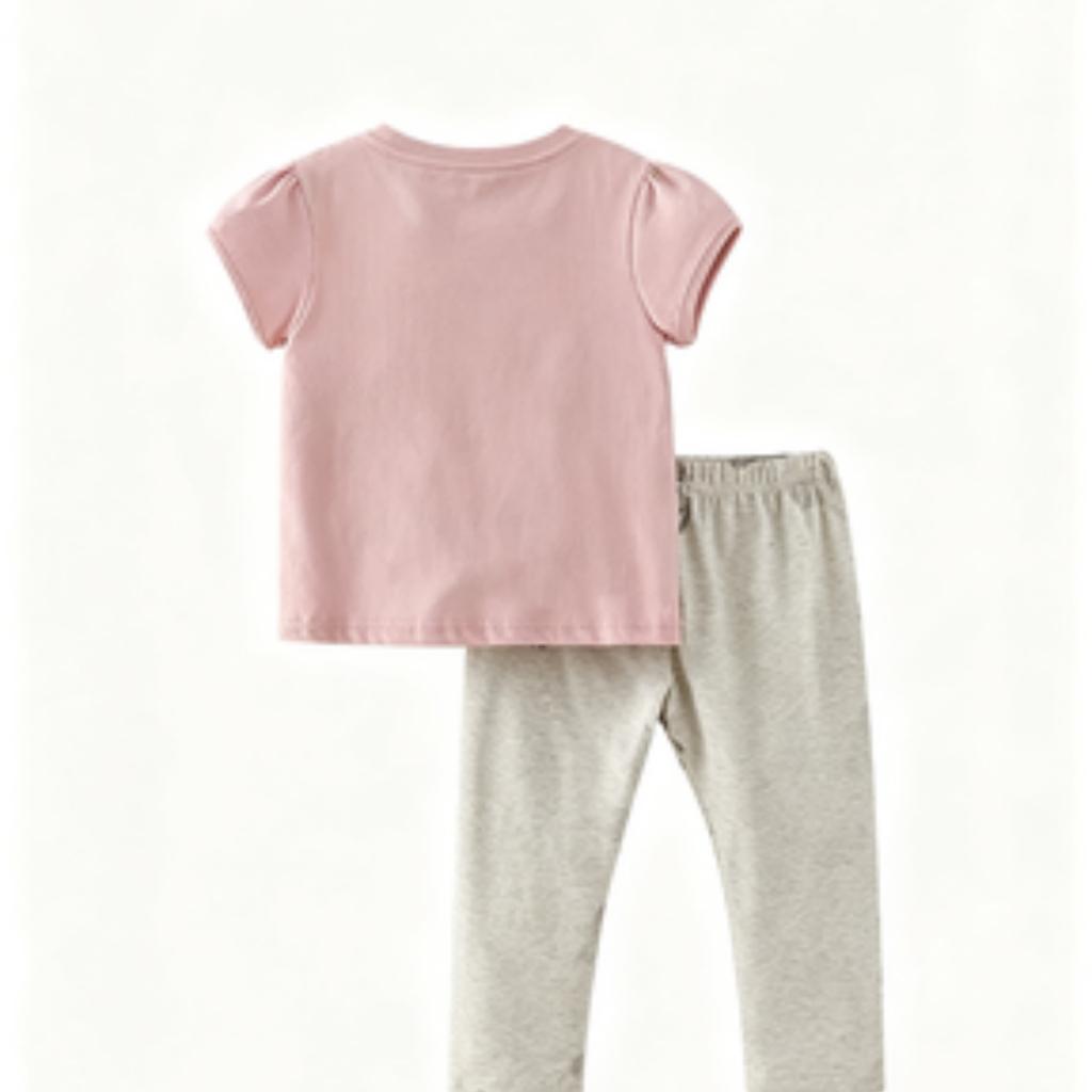 Girls' 2-Piece Short Sleeve Top and Cotton Pants Set with Animal Print for Summer
