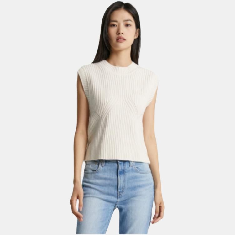 Calvin Klein Solid Color Asymmetrical Cut Sleeveless Knit Sweater Women Tops Cream J222846