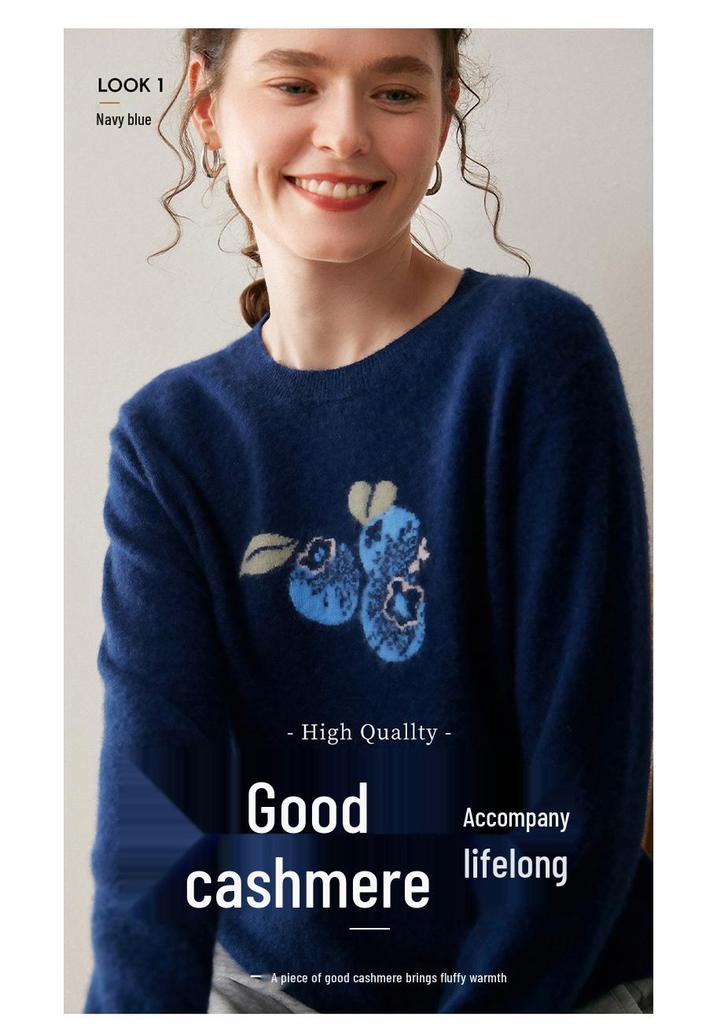 Women's Dark Blue Short Jacquard Cashmere Sweater - Round Neck, Loose Knit, Base Layer