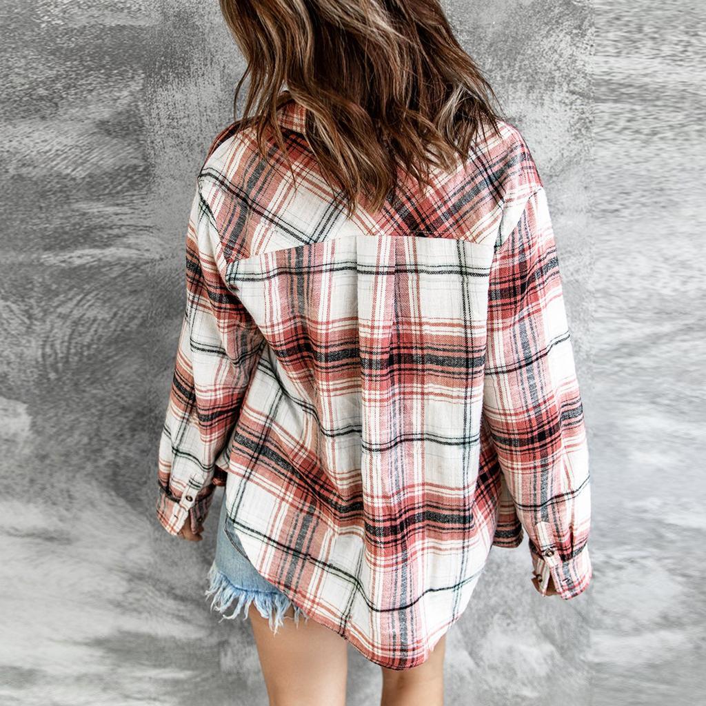 Frauen Lose Top Plaid Farbe Block Langarm Casual Damen Bluse Mantel Hemd Jacke
