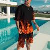 Summer New Men's Short Sleeved Shorts T-shirt Set with 3D Printed Flame Pattern Casual T-shirt Set with Fashionable Sweatshirt