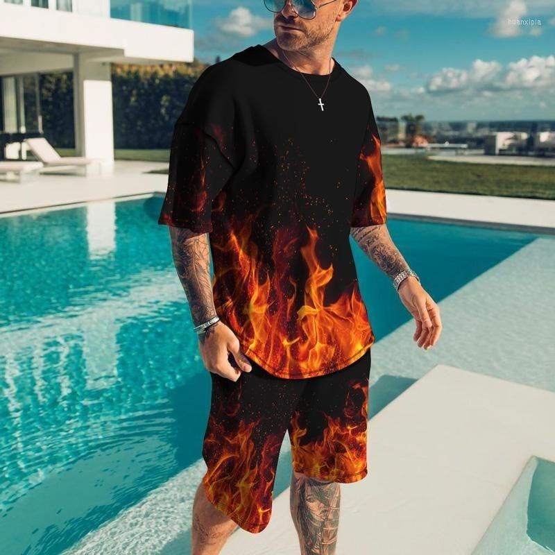 Summer New Men's Short Sleeved Shorts T-shirt Set with 3D Printed Flame Pattern Casual T-shirt Set with Fashionable Sweatshirt