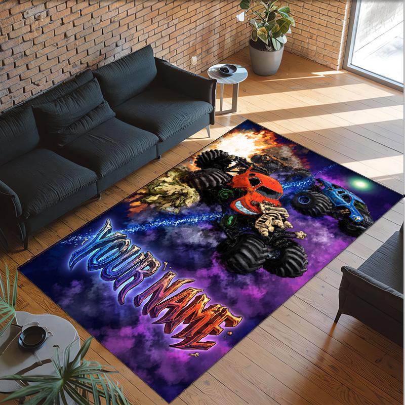 Monster Truck Theme Crystal Velvet Rug Personalized Custom Name Text Soft Floor Mat Home Decor