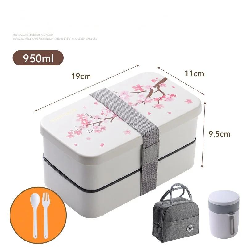 Japonská krabička na oběd s nádobím Mikrovlnné Bento boxy Pohárek na polévku Přenosná Studentská Dvouvrstvá Krabička na jídlo