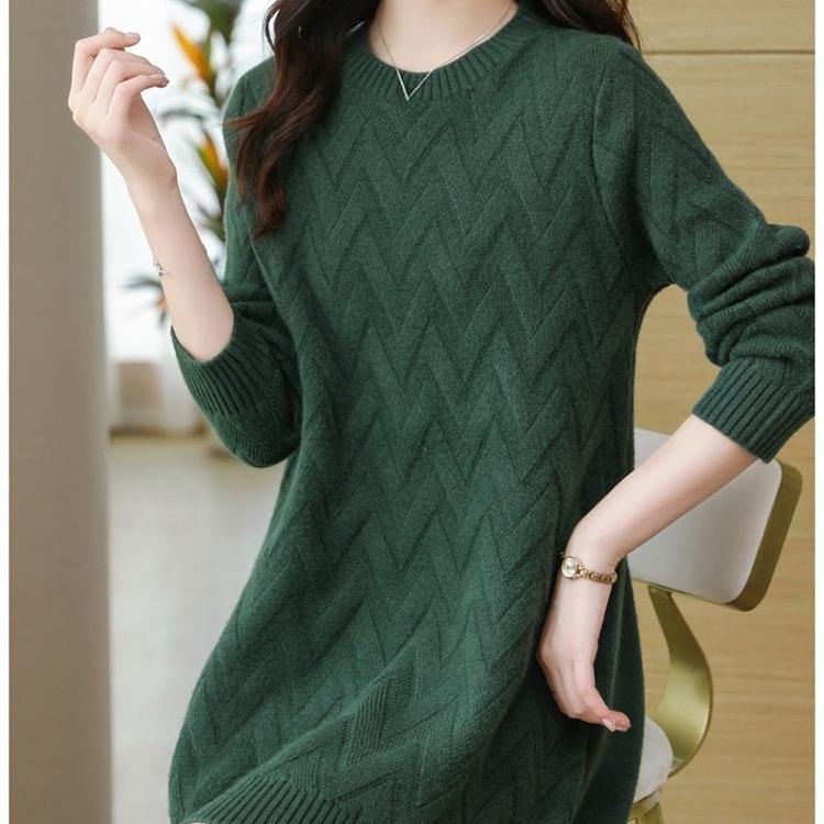 Women's Mid-length Sweater Loose Korean Style Large Size Pullover Outer Wear Pure Color Casual Long-sleeved Knitted Shirt