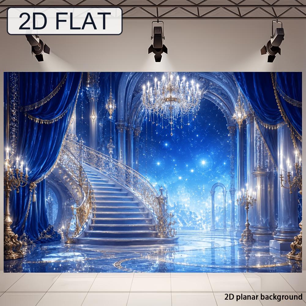 2D Flat Banner, Luxury Palace Backdrop, Crystal Chandelier, Spiral Staircase, Dreamy Blue Drapes