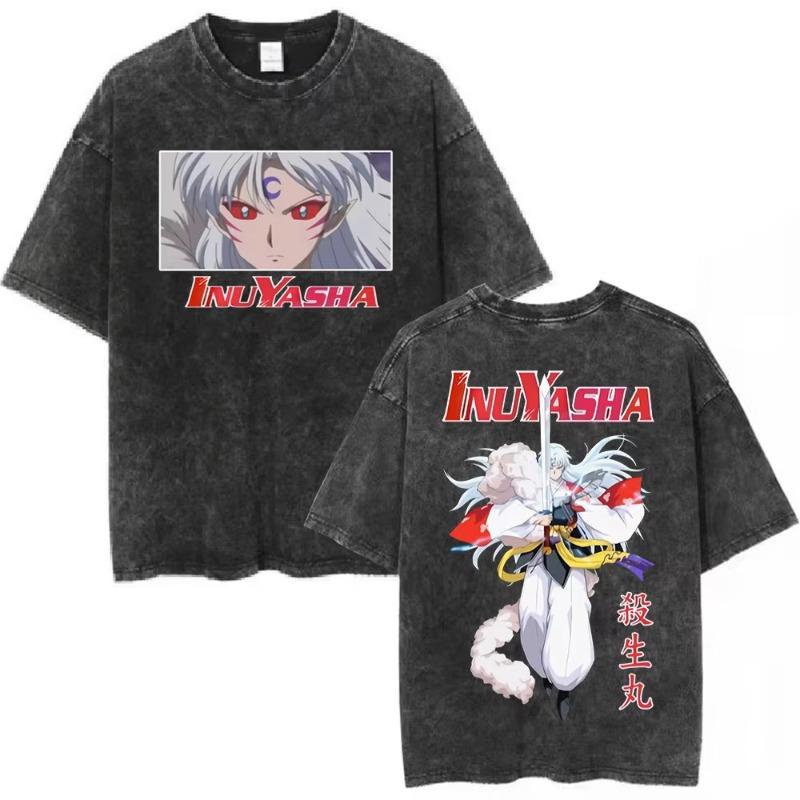 Wyprał Vintage Anime Inuyasha Sesshomaru Grafika Manga Koszulka Moda Męska Krótki Rękaw Bawełna Luźna Koszulka Streetwear