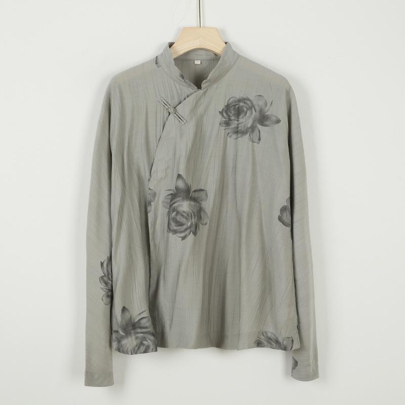 Johnature Women Vintage Stand Shirts Tops Long Sleeve Button Print Floral Blouses Spring Loose Casual Soft Shirts