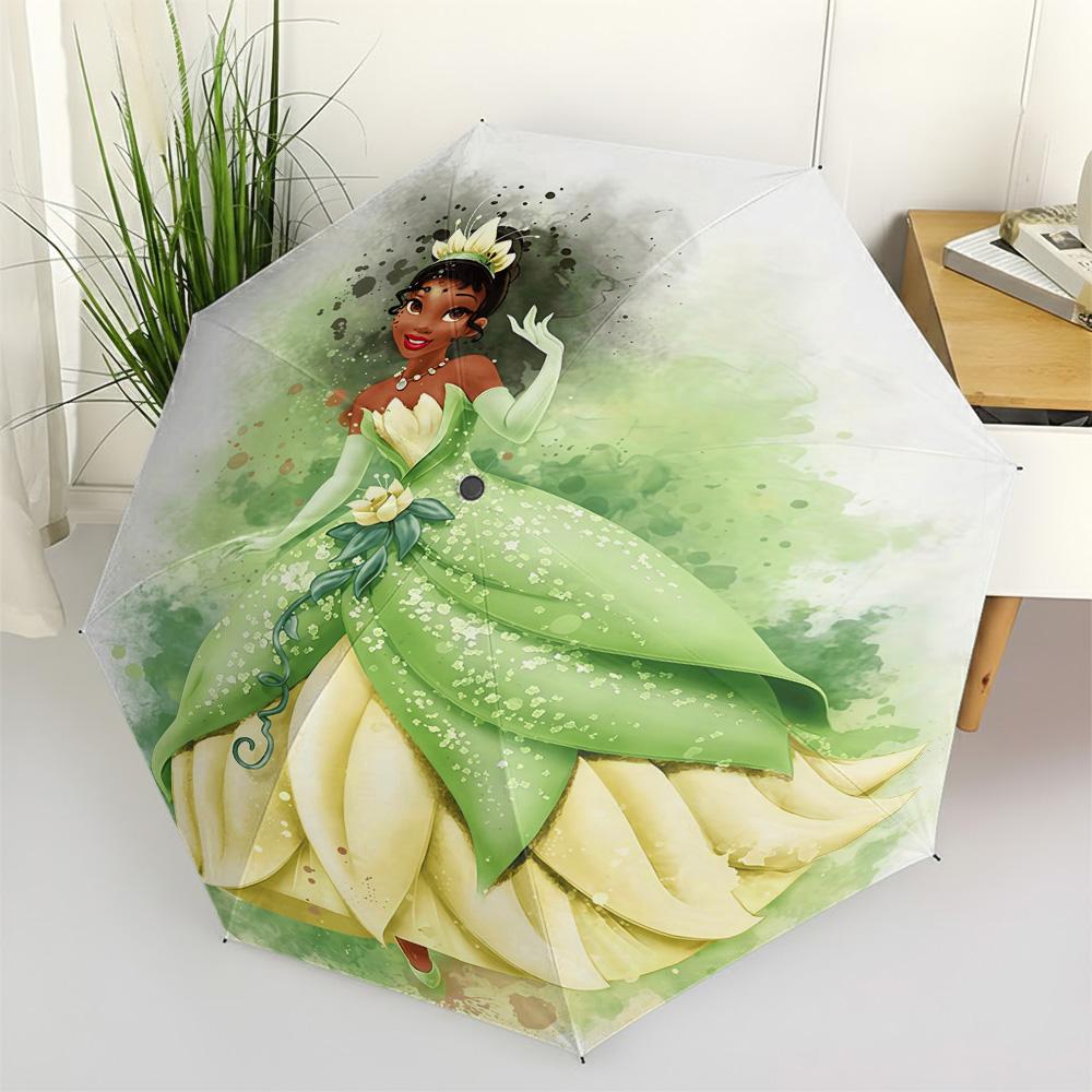 Disney Princess and the Frog Tiana Green Watercolor Art Print Automatic Folding Umbrella, Windproof Waterproof Travel Umbrella f (as the picture,Iron&8K)