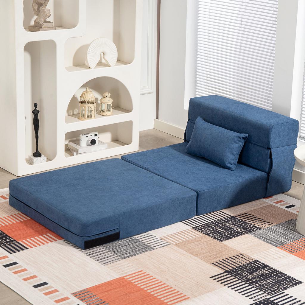 Floor Sofa, Upholstered Couch, Convertible into Mattress, Foam, Cushion, Dark Blue