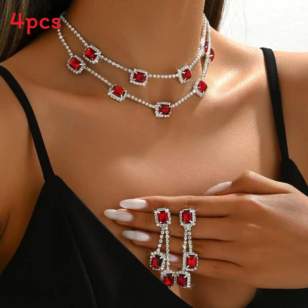 Geometric Double Layer Collar Necklace With Water Diamond Pendant For Women