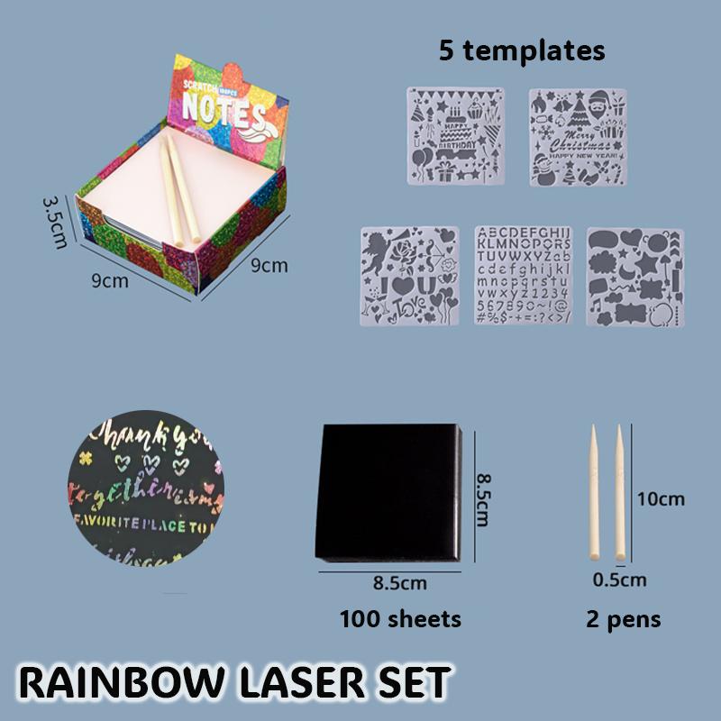 Laser Rainbow Scratch Paper Set with Templetes, Normal/Shinning Black Scratch Memo Pads