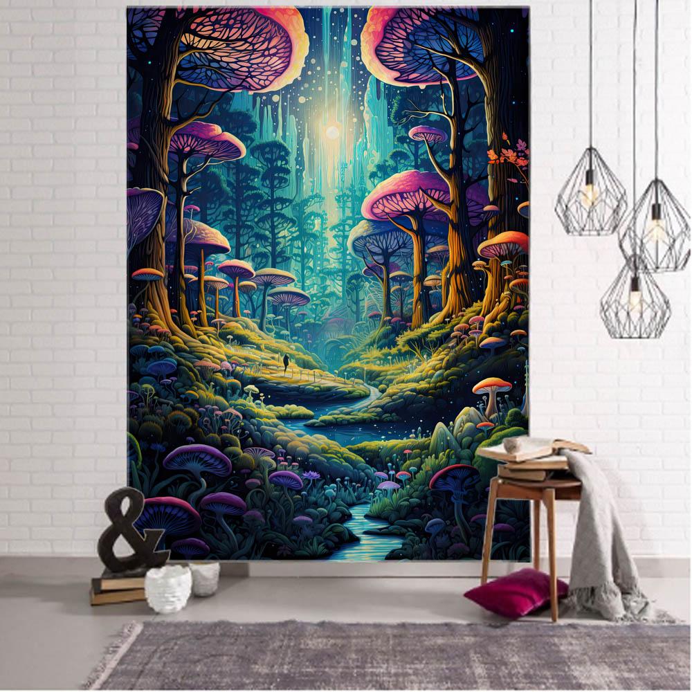 Fairy Tale Mushroom Forest Tapestry Wall Hanging Aesthetic Decoration Blanket Bed Sheet Living Room Bedroom Background Poster