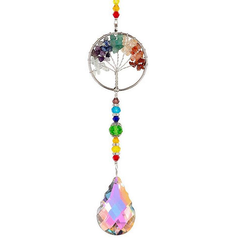 7 Chakra Steine Amethyst Splitter Kristall Sonnenfänger Metall Lebensbaum Anhänger Wanddeko Hängender Anhänger Windspiel Dropshipping