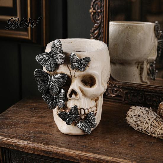 Halloween Themed Desk Item Gothic Skull Pen Holder, Spooky Butterfly Makeup Brush Cup Organizer, Desktop Pencil for Home Office Decor Festive
