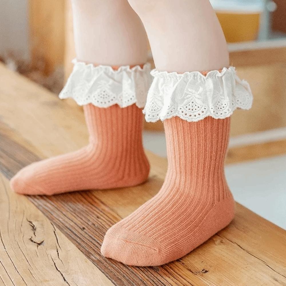 Non Slip Dots Kids Mid Calf Socks Lace Trim Girls Socks Cute Baby Socks Toddler Walking