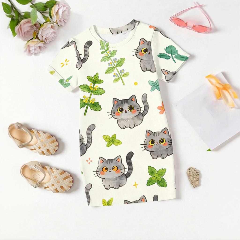 Girls Loose Fit Short Sleeve Dress Lightweight Round Neck Casual Dress with Animal Print Pattern for Kids Summer Wear