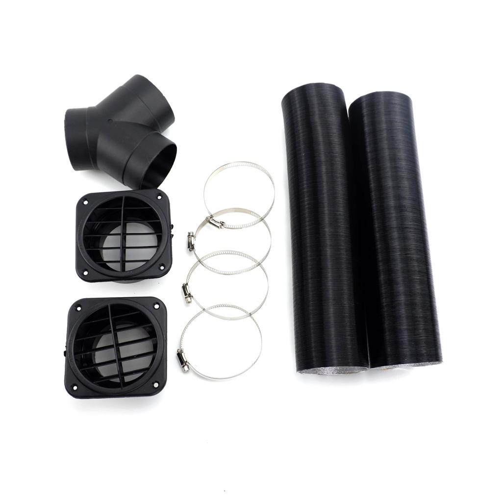 Conector Y cu 3 ieșiri pentru încălzitor diesel 75 mm & 2x Ieșire de aer & 2x Tubă de aer cald Negru & Set 4x Coliere Pentru Mașină Camion VAN Camper