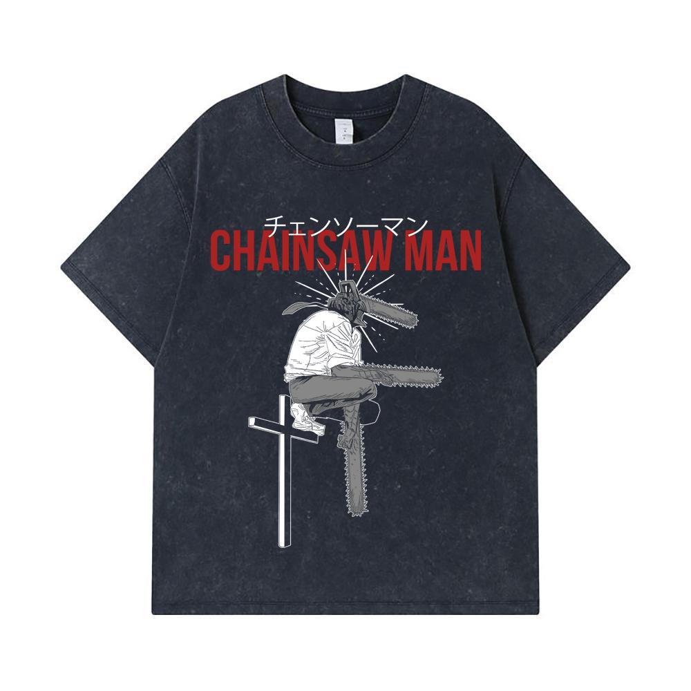 275 GSM Washed T-shirts 100% Cotton Chainsaw Man V41 Denji Print Unisex Heavy Cotton T Shirt