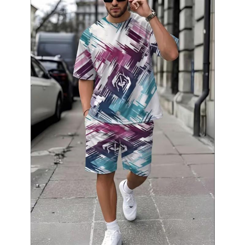 Urban Street Fashion Trend Men's Round Neck Short Sleeved Shorts Set, Outdoor Simple Casual and Comfortable