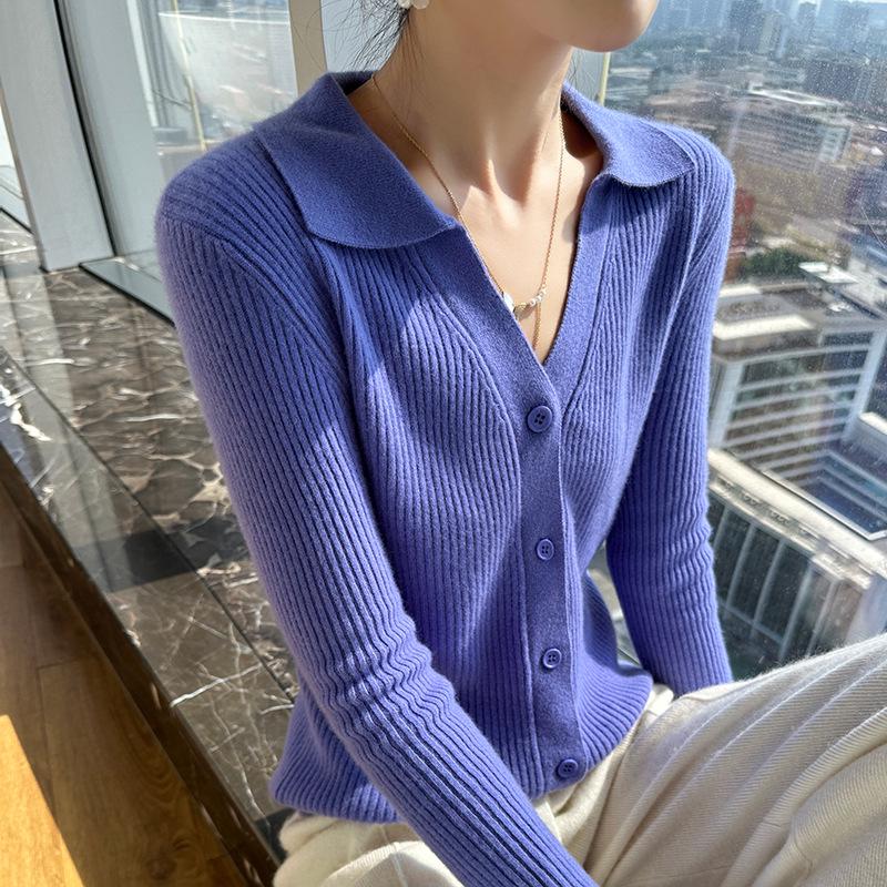 2024 Autumn/Winter Wool Lapel Cardigan with Pockets - Seven-Stitch, Thick, Solid Color Knitwear