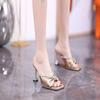 2025Silk Leopard Print Rhinestone Stiletto Mules Square Toe Peep Toe High Heels Summer Women Shoes Elegant Sandalias De Mujer
