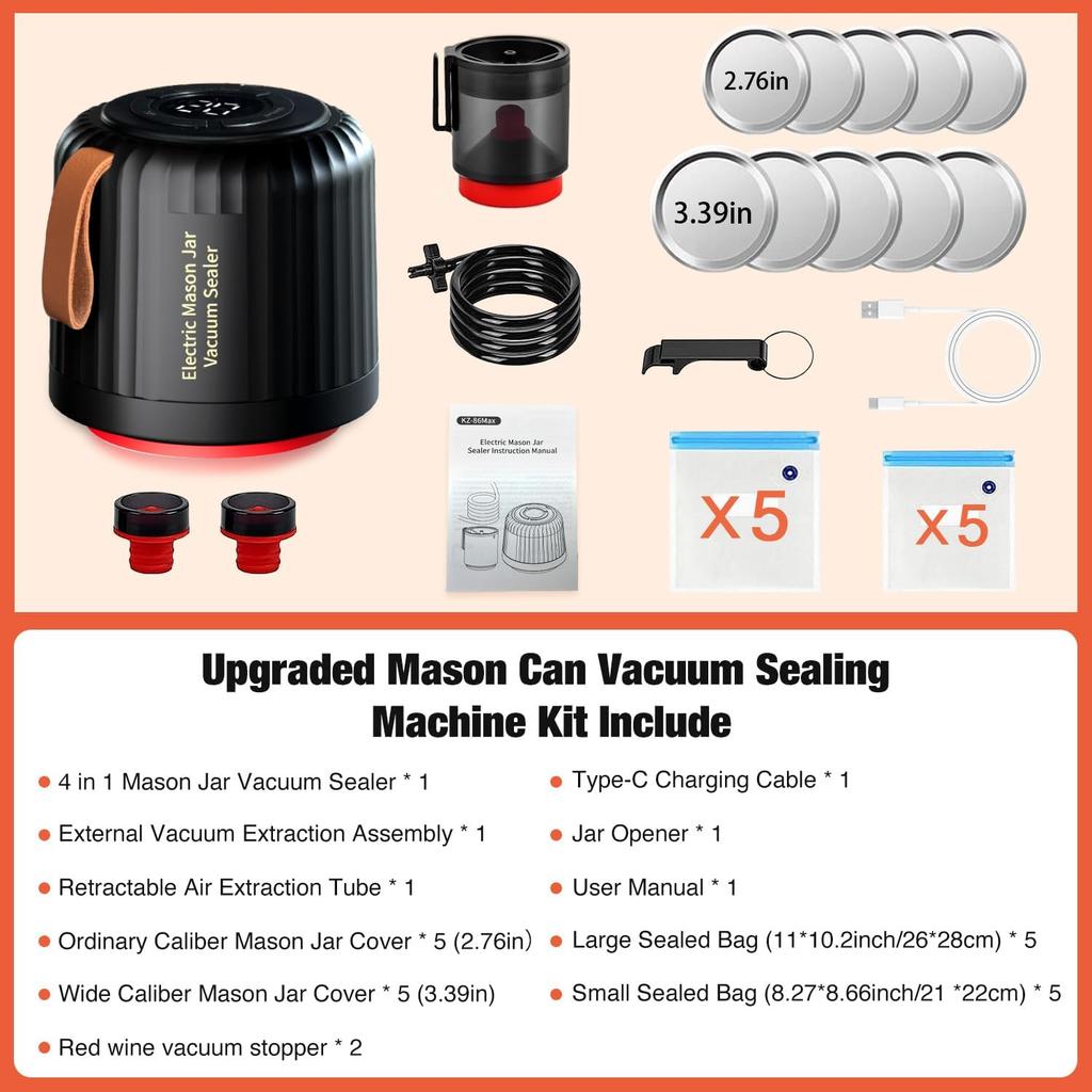 Electric Mason Jar Vacuum Sealer Kit, 4 in 1 Jar Vacuum Sealer for Mason Jars Jar Sealer Vacuum Sealing Machine for Food Storage Vacuum Bag Box Wine