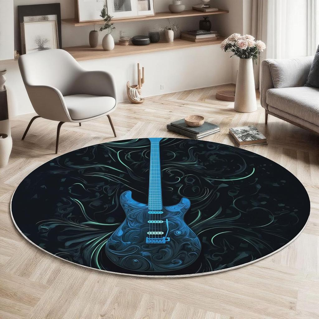 Blue Electric Guitar Round Rug Black Background Swirl Art for Music Lover Decor