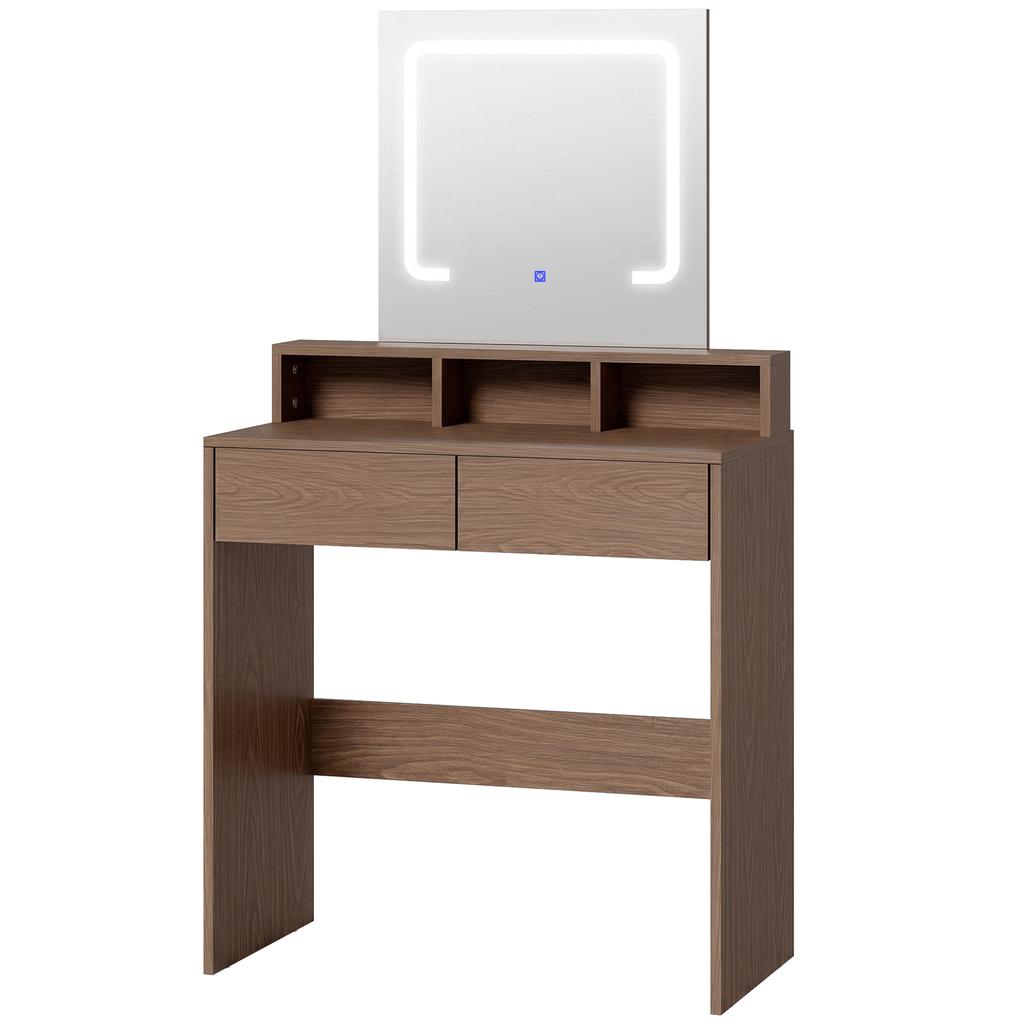 Vanity Table, Dressing Table with Mirror, LED Lights, 2 Drawers, 3 Compartments, 3 Colour Lighting, Walnut