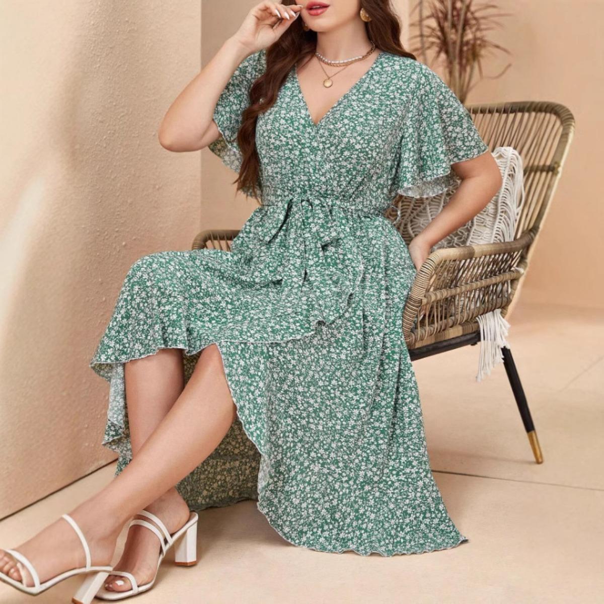 Bohemian Plus Size Women s V-neck Irregular High Waist Lace-up Print Midi A-line Dress 0XL