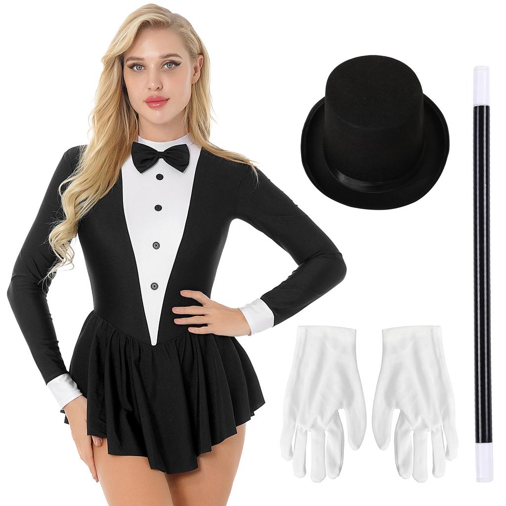 Dámský kouzelnický cirkusový ringmaster cosplay kostým Halloweenské performance sady Dlouhý rukávový smokingové šaty s kouzelnickou hůlkou kloboukem rukavicemi