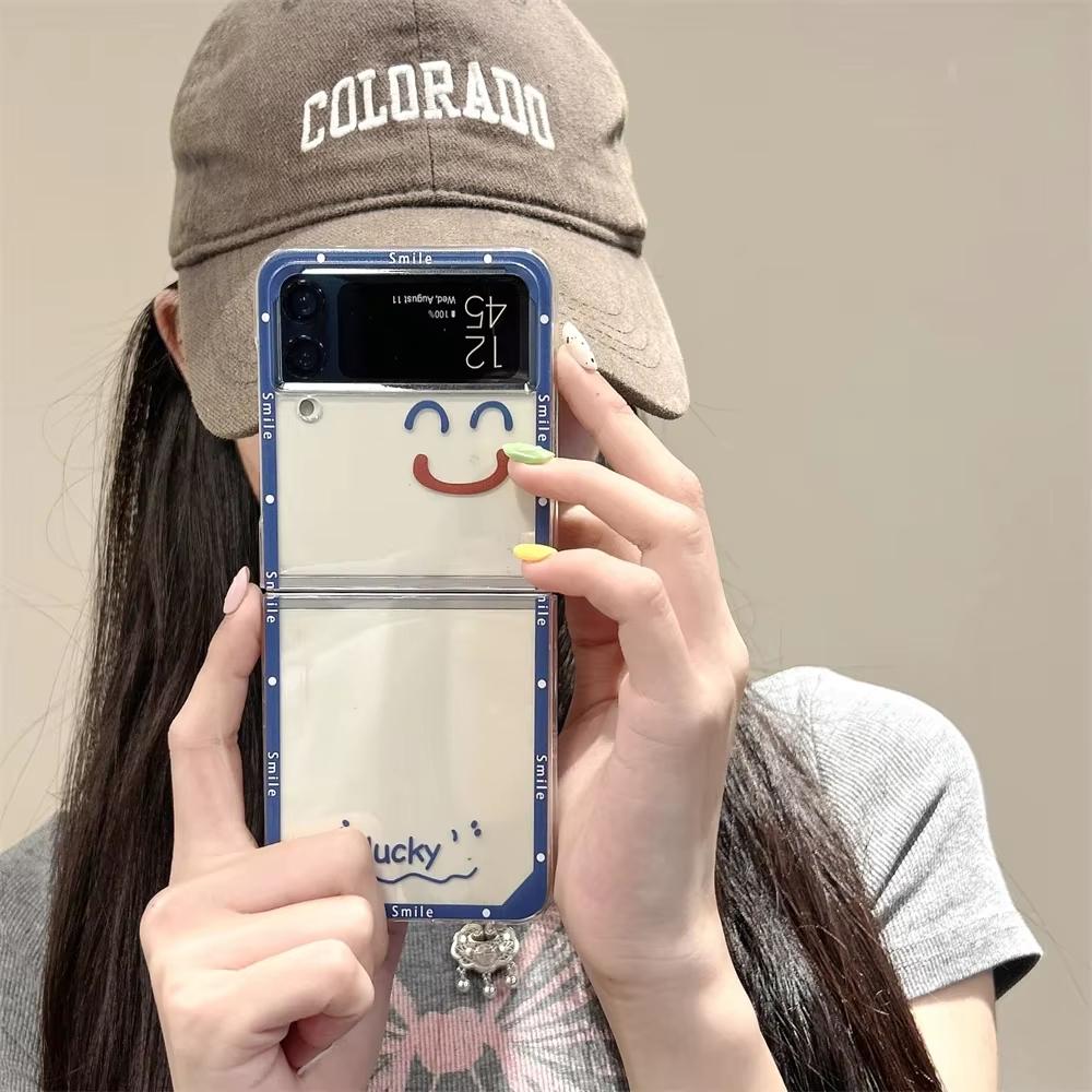 Korean Cute Happy Pattern Phone Case For Samsung Galaxy Z Flip 6 5 3 4 Transparent Hard Folding Fundas Shockproof