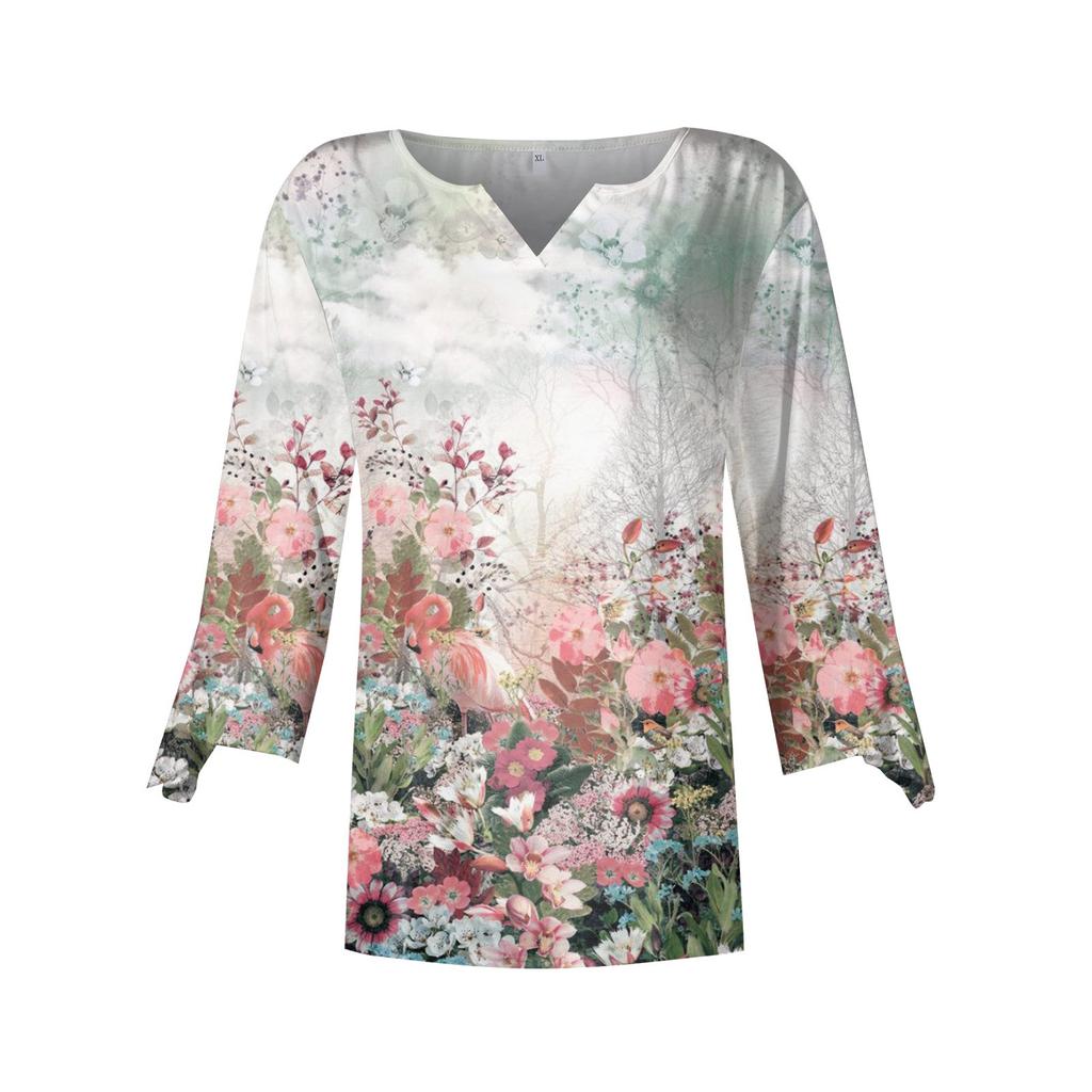 Women's Top Loose Casual V-neck Printed Blouses Bell 3/4 Sleeve T-shirt