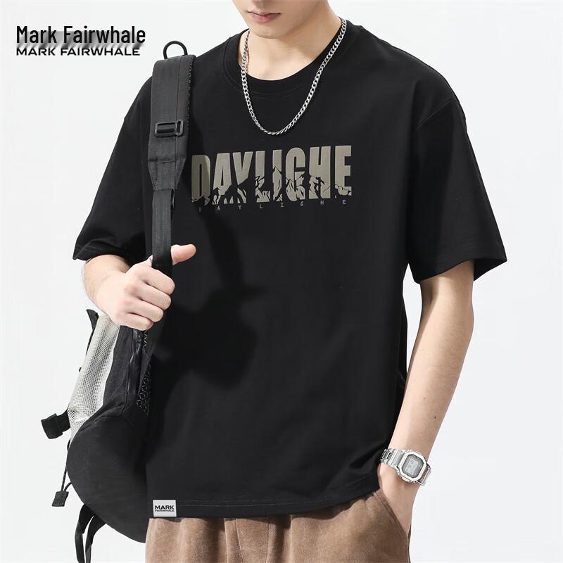 

MARK FAIRWHALE Men s Letter Print Loose Fit Round Neck T-Shirt M