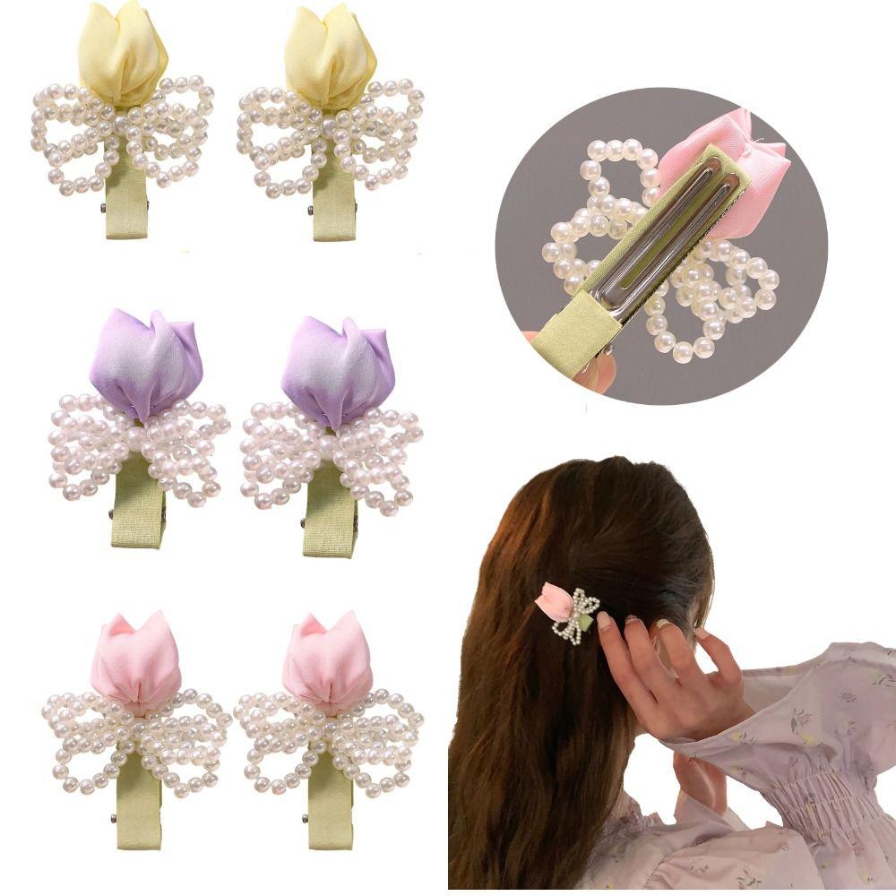 Sweet Tulip Pearl Hairpin Premium Sense Bangs Side Headdress Pearl Bowknot Hair Clip  Daily Wear