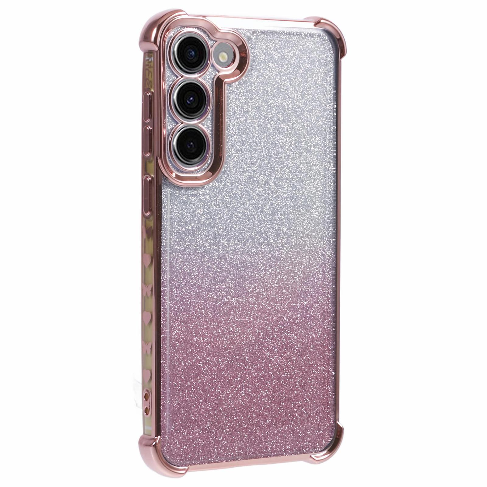 

For Samsung Galaxy S23 Case TPU Glitter Gradient Phone Cover Love Heart Pattern Frame Pink