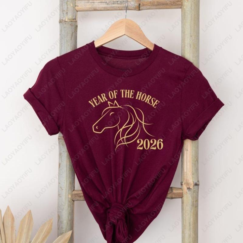 

Year of The Horse Chinese Unisex Adult Cotton Shirts New Year 2026 Zodiac Horse Festival Graphic Oneck Tee Ropa Hombre Women S