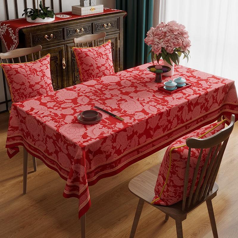 Elegant Red Wedding Tablecloth Rectangular Velvet Waterproof Decorative Dining Table Cover Banquet Celebration