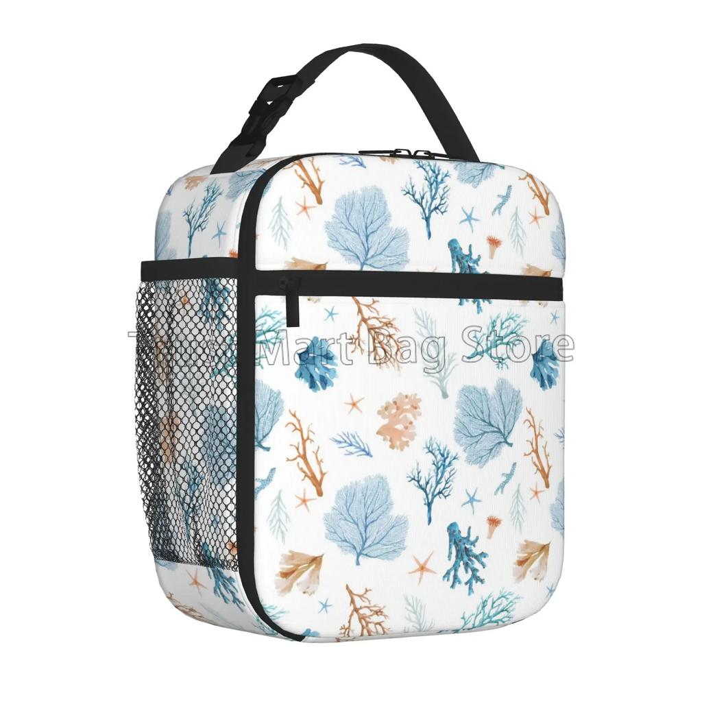 Blau Weiß Ozean Koralle Isolierte Brotdose Wiederverwendbare Thermische Lunchtasche Mahlzeit Tragbarer Behälter Tragetasche für Damen Arbeit Picknick Reise