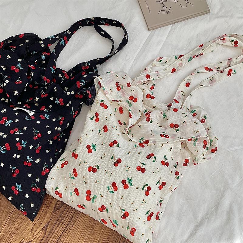 Cherry Ruffled Shoulder Bag For Women Floral Style Handbag Large Capacity Casual Shopper Tote Bags