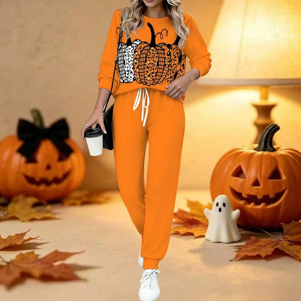 Damen Halloween Print Zweiteiliges Outfit, Langarm Rundhals Oberteil & Jogginghose mit Kordelzug Lässiger Trainingsanzug für Frühling Herbst