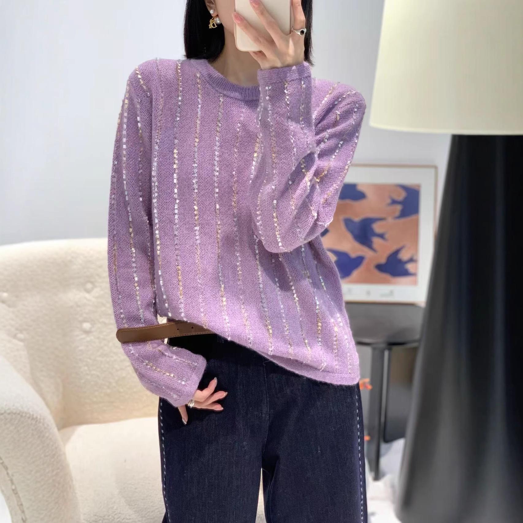 Ретро Полосатый Приталенный Свитер с Круглым Вырезом для Женщин - Вдохновленный Y2K Осенне-Зимний Модный Extra Large