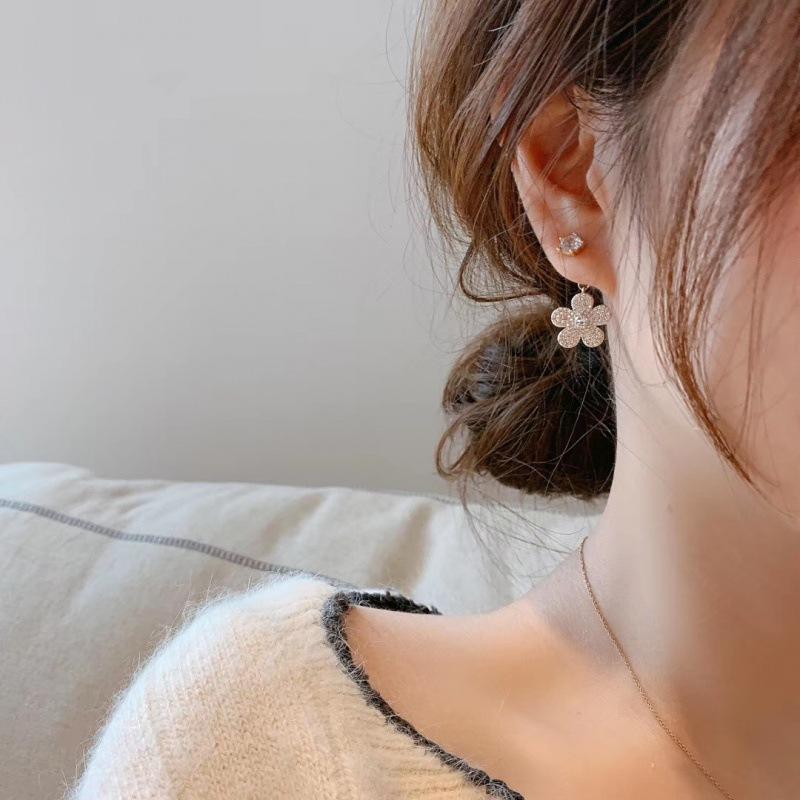 Temperament Five-Petaled Flower Earrings Zircon Flower Diamond-Set Front And Rear Wear Dual-Purpose Zircon Removable Stud Earrings