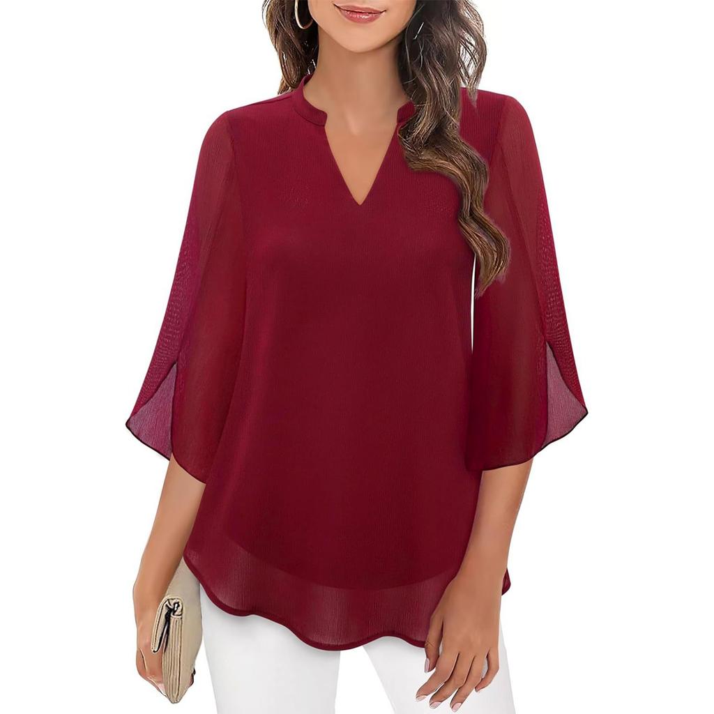 V Petal Temperament Sleeve Women Neck Chiffon Blouse Summer Loose Slimming Lady Blouses Shirts For Women Fashion 2025 Elegant