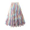 Qooth Colorful Pleated Irregular Mesh Half Skirt Mid-Length Rainbow Gauze Skirt Women Slim Skirt QT2614