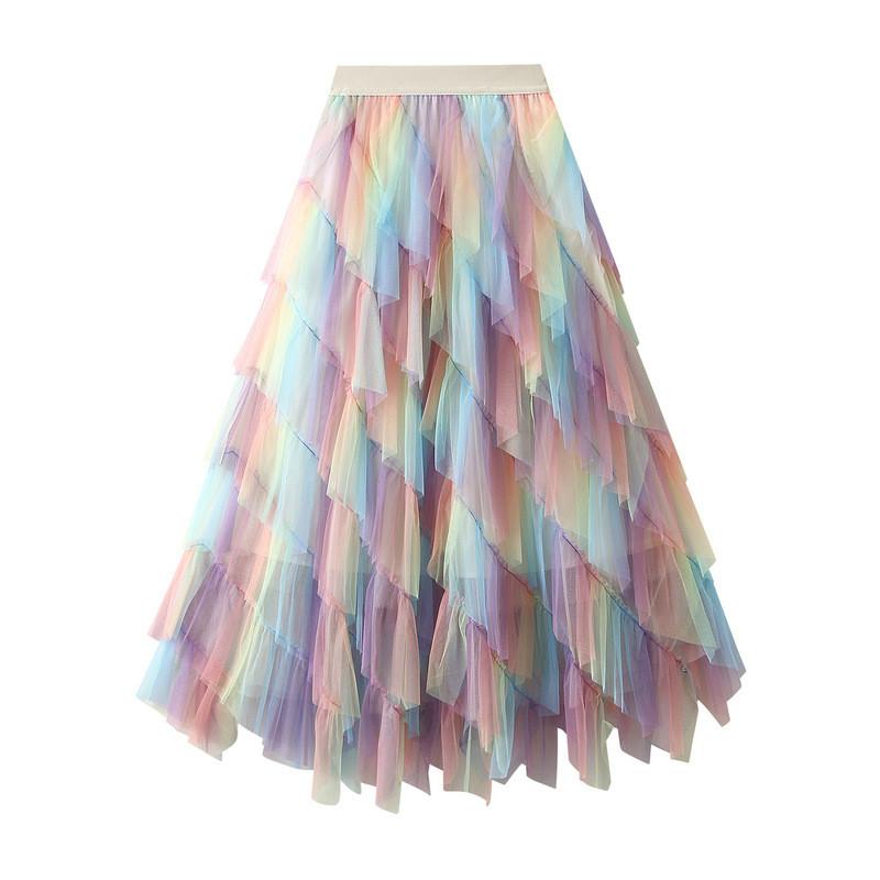 Qooth Colorful Pleated Irregular Mesh Half Skirt Mid-Length Rainbow Gauze Skirt Women Slim Skirt QT2614